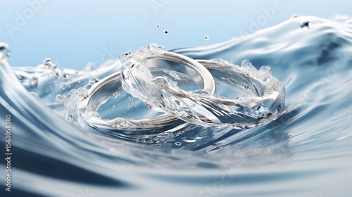 Two silver rings surrounded by waves and splashes of water, symbolizing purity, love, and the eternal unity of a couple in a romantic atmosphere.