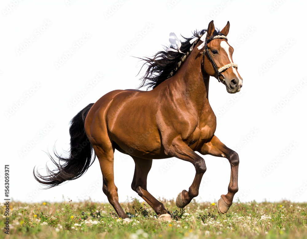 Obraz premium Majestic Chestnut Horse Galloping Braided Mane, Bows, and Freedom