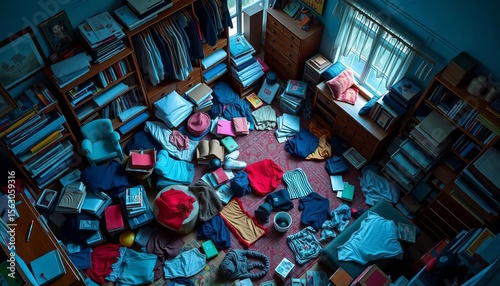 Isometric view of a cluttered room with scattered clothes, books, and furniture,  clothes,  living room
