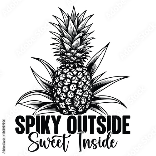 Artistic black and white illustration depicting a pineapple with the phrase spiky outside sweet inside