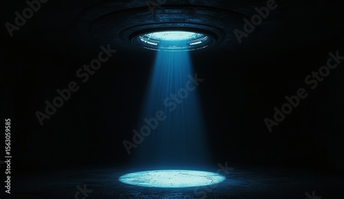 Alien spacecraft interior, light beam, dark underground chamber, futuristic scene
