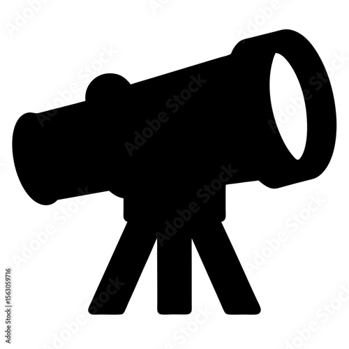Black Telescope Icon with Tripod, A black silhouette of a telescope mounted on a tripod, symbolizing astronomy, exploration, and scientific observation.
