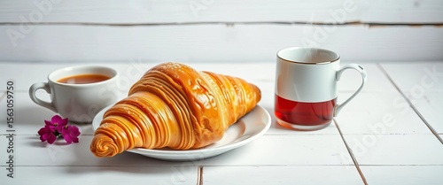 Golden croissant & steaming tea, rustic white wood background, crumbly, cozy