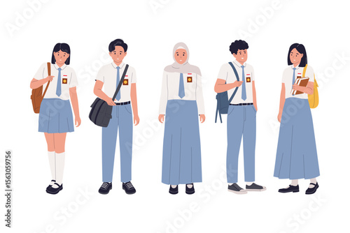 Flat Vector Illustration of Indonesian Senior High School Students Standing in Uniform. Illustrations for websites, landing pages, mobile apps, posters and banners