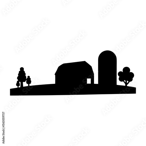 Black Farm Landscape with Barn and Silos Icon, A black silhouette of a farm landscape featuring a barn, silo, and trees, symbolizing rural life and agricultural settings.
