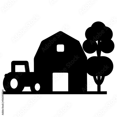 Black Barn with Tractor and Tree Icon, A black silhouette of a barn, tractor, and tree, symbolizing agriculture, farm life, and rural settings.
