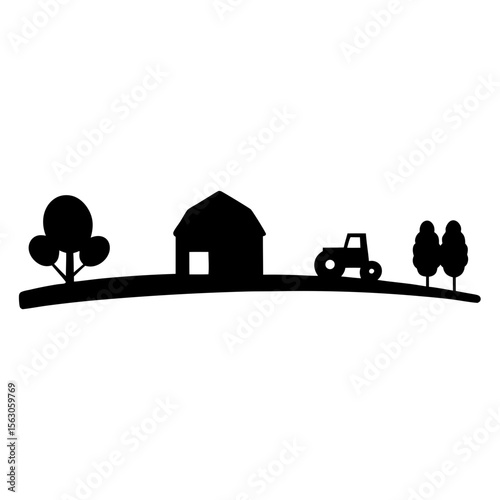 Black Farm Landscape with Tractor and Trees Icon, A black silhouette of a farm landscape featuring a barn, tractor, and trees, symbolizing agriculture, farming, and rural life.
