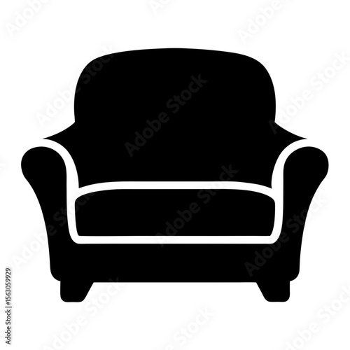 Black Armchair Icon Silhouette, A black silhouette of a comfortable armchair, symbolizing home, relaxation, and furniture design.
