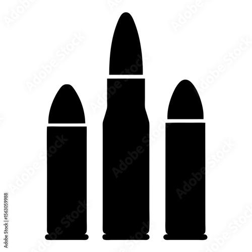 A minimalist black and white depiction of ammunition cartridges and bullets
