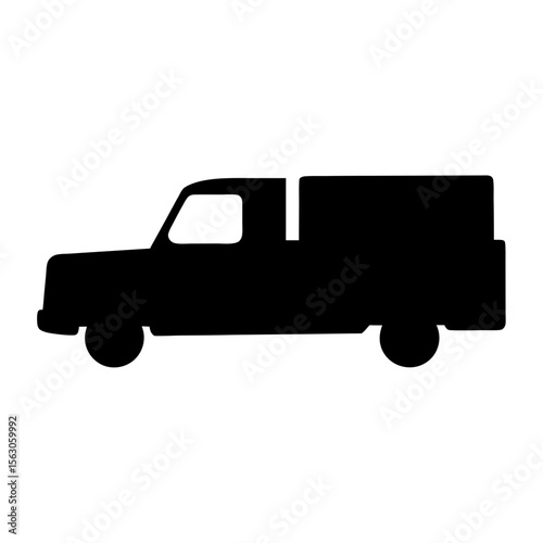 Black Pickup Truck Icon, A black silhouette of a pickup truck, symbolizing transportation, delivery, and vehicle services.
