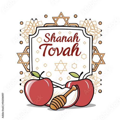 Shana Tovah Greeting Card with Apples and Honey Dipper for Rosh Hashanah Celebrations, Jewish New Year Events, Cultural Blogs, and Holiday Greetings  