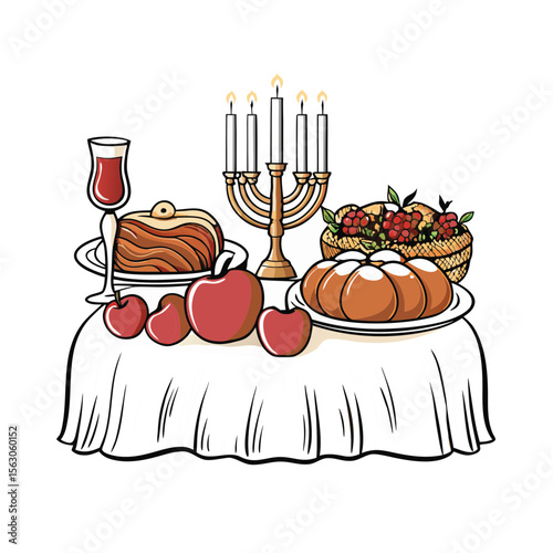 Festive Rosh Hashanah Table Setting with Traditional Foods, Candles, and Apple Decor for Holiday Blogs, Cultural Celebration Websites, and Family Gatherings  