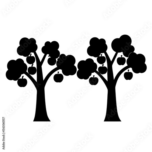 Two simplified apple trees bursting with fruit, presented in a black silhouette