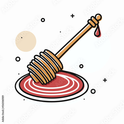 Honey Dipper Over Sweet Red Honey for Rosh Hashanah Celebrations, Jewish New Year Rituals, Food Blogs, and Cultural Heritage Websites  