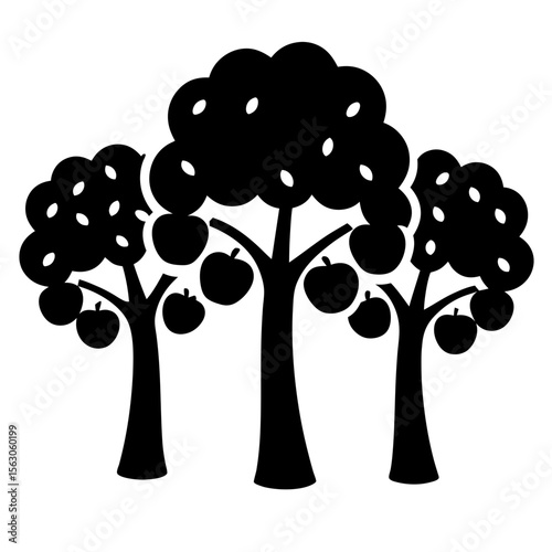 Three stylised black apple trees isolated on white background, laden with fruit