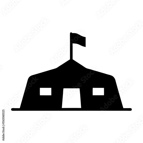 Black and white silhouette of a military tent with a flag symbol