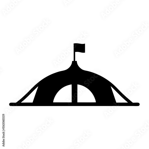 Minimalist black and white illustration of a circus tent with a flag