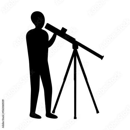 Silhouette of a person looking through a telescope on a tripod