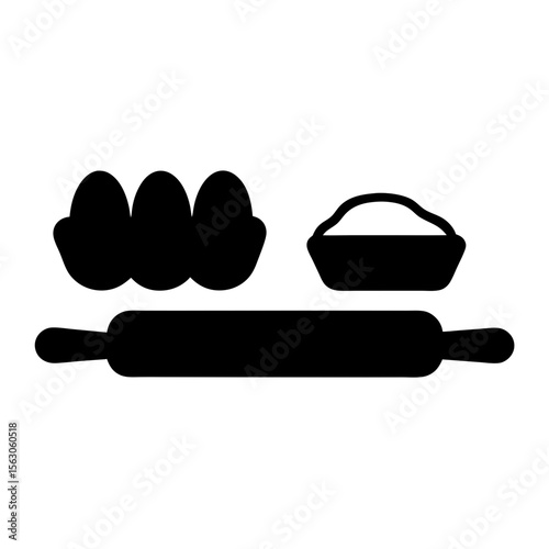 Black and white silhouette depicting baking elements eggs, bowl and rolling pin