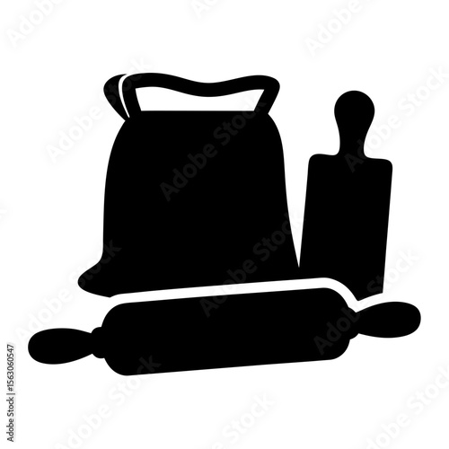 Black and white illustration of baking ingredients, including flour and rolling pins