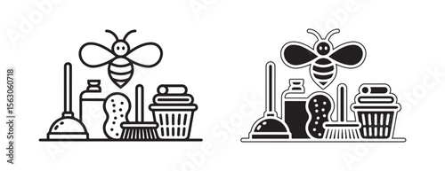 Bee cleaning supplies including plunger sponge broom and laundry basket isolated on white background