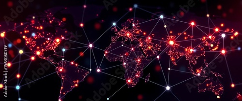 Abstract network of connected nodes representing global logistics and distribution,  information,  finance