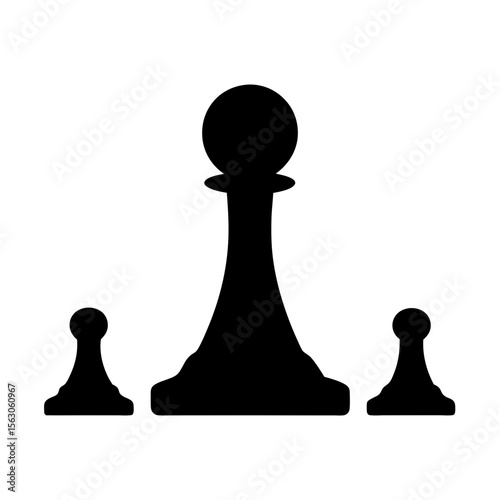 Three black chess pieces a queen and two pawns on white background