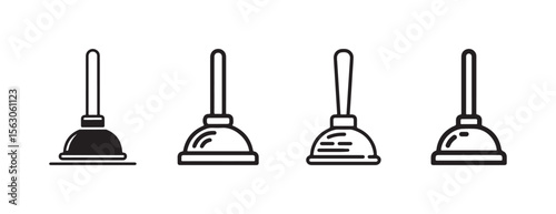Set of four different plunger icons in black outline and solid fill isolated on white background