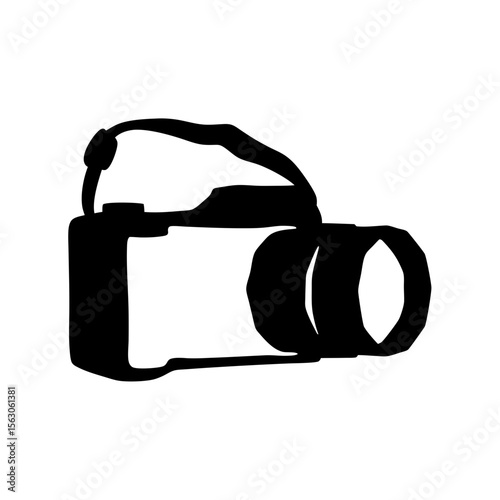A stark silhouette of a digital camera with lens and carrying strap
