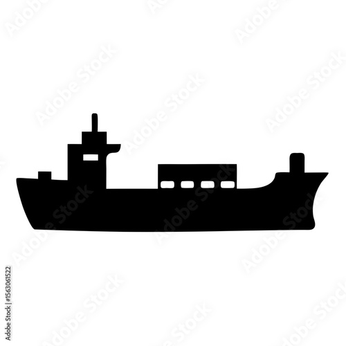 Black silhouette of a container ship with a long hull profile