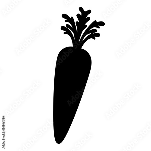 Simple black silhouette of a carrot with leafy top on white background