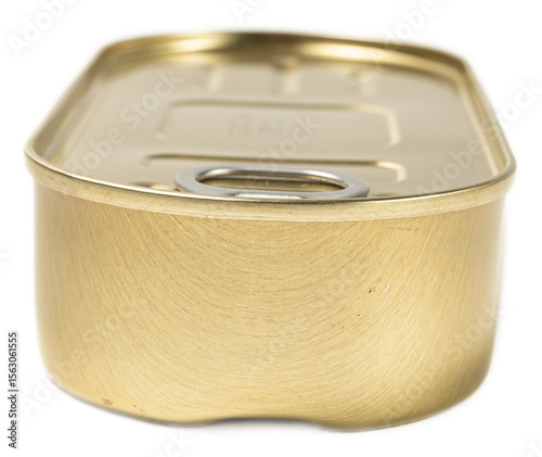Shiny golden oval tin can with pull tab sealed food packaging on transparent background