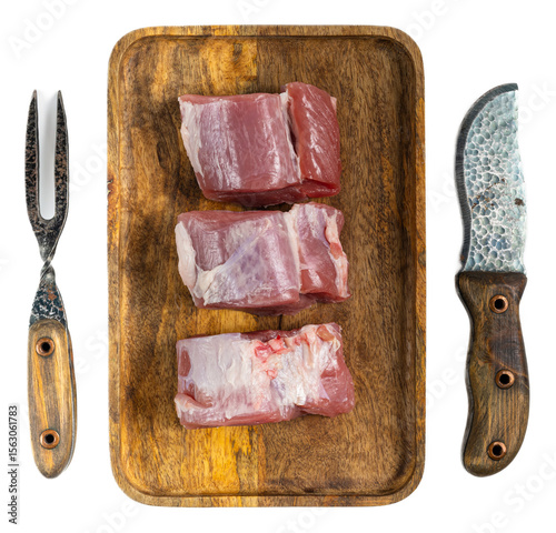 Raw pork fillet medallions on wooden cutting board with carving knife and meat fork, fresh butcher meat, highquality slices, isolated on transparent background, appealing and natural