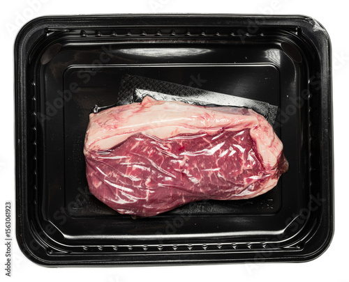 Fresh marbled raw striploin steak vacuum packed on black tray with visible texture and rich color, isolated transparent png for culinary or retail use