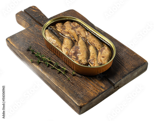 Canned sardines in oil in an open tin on a rustic wooden board with fresh herbs, closeup with a dark background, highlighting the preserved seafood's texture and natural appeal