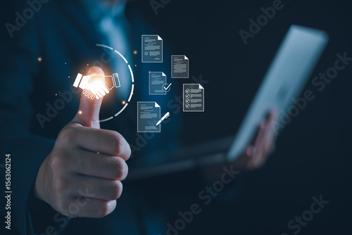 Businessman manage digital procurement process with business contract, invoice, approval documents, representing B2B sourcing, vendor management, supply chain.