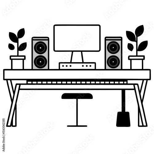 Desk with audio monitors, MIDI keyboard, acoustic foam panels, and indoor plants. Creative and modern setup.