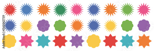 Set of colorful promotional labels with blank starburst price tags, discount stickers, and shopping seals

