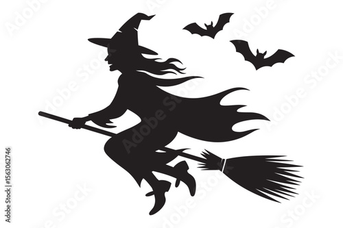 Flying Witch Silhouette with Bats Halloween Vector Art in Dark Style