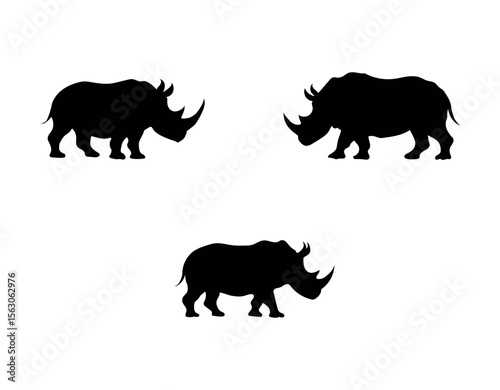 Hand drawn rhinoceros silhouette illustration in various pose. Rhinoceros Silhouettes Against White Background. Silhouettes of Rhinos in Profile View. Rhinoceros Silhouettes in Black, Blue, and White.