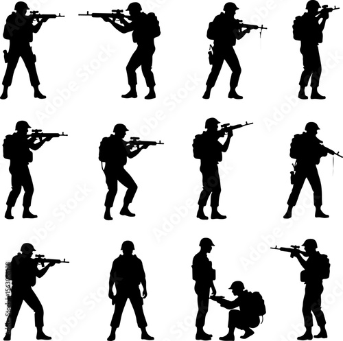  Military Soldiers and Helicopter Silhouette vector bundle