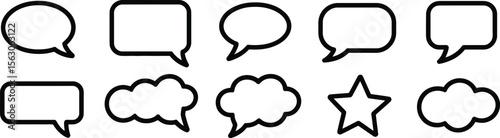 Speech Bubble and Dialogue Icon Set Featuring Talk Balloons, Comic Chat, Cloud Shapes, and Communication Symbols