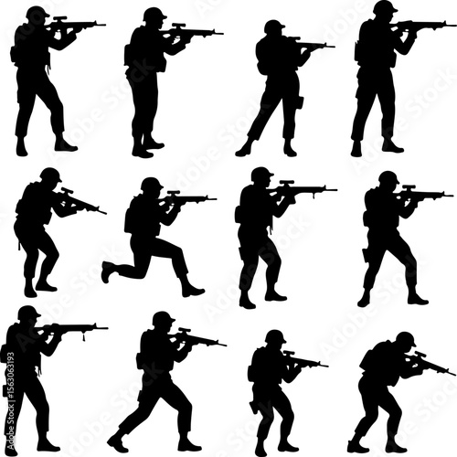  Military Soldiers and Helicopter Silhouette vector bundle