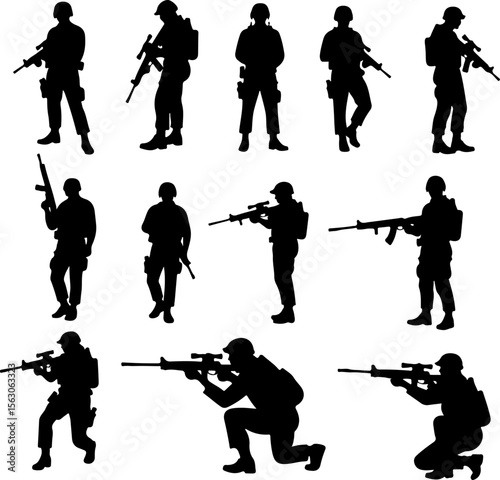  Military Soldiers and Helicopter Silhouette vector bundle