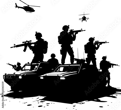  Military Soldiers and Helicopter Silhouette vector bundle