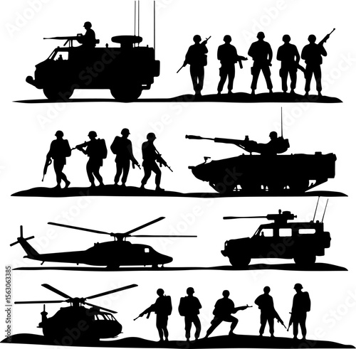  Military Soldiers and Helicopter Silhouette vector bundle