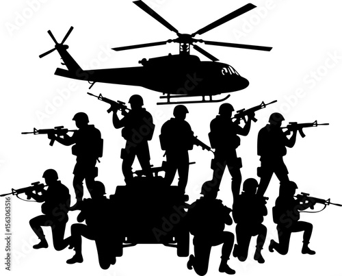  Military Soldiers and Helicopter Silhouette vector bundle