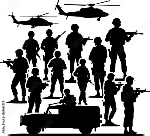  Military Soldiers and Helicopter Silhouette vector bundle