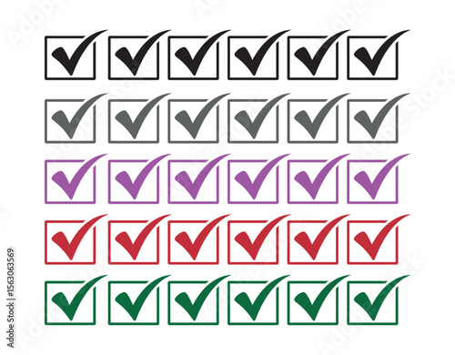 Checkmark in box. Green checkmark in circle and rectangle. Check mark icons. Color full Tick of right, ok and yes. Checkmark Illustration. Vector symbols set. Sign of approved in checklist. Pictogram 