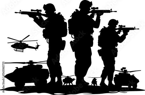  Military Soldiers and Helicopter Silhouette vector bundle